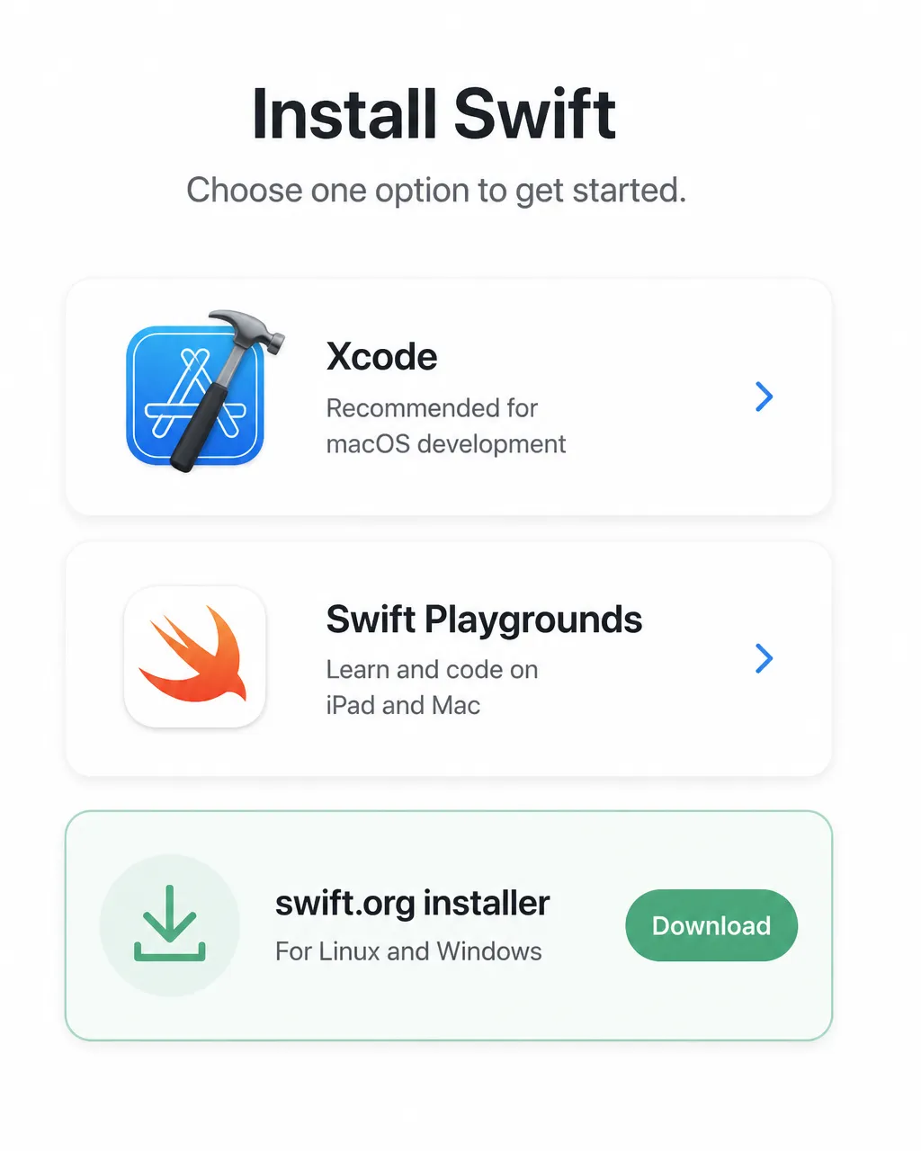 A clean installation choice screen showing three large options: “Xcode” and “Swift Playgrounds” in a Mac App Store-style list, plus a “swift.org installer” download button for Linux/Windows; keep the focus on choosing one Swift tool to install.