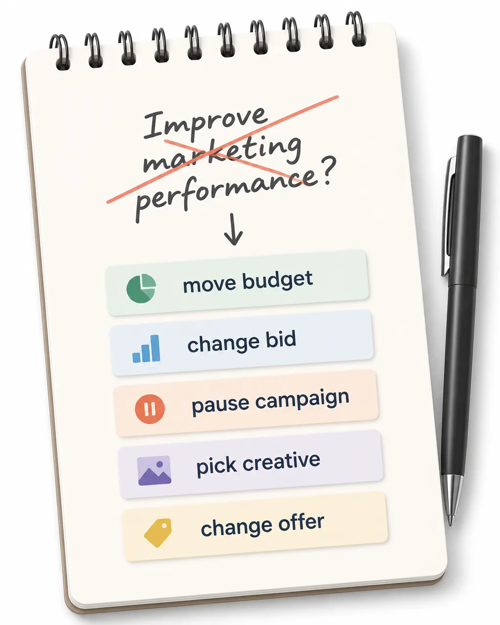 A close-up of a marketer’s notepad where the business question “Improve marketing performance?” is crossed out and replaced with five concrete decision buttons: “move budget,” “change bid,” “pause campaign,” “pick creative,” and “change offer.”