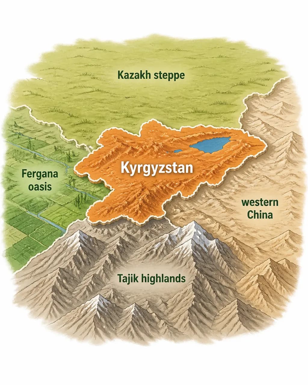 A simplified relief map with Kyrgyzstan highlighted in the center, surrounded by four labeled landscape zones: “Kazakh steppe” north, “Fergana oasis” west, “Tajik highlands” south, and “western China” east; use distinct textures for grassland, irrigated fields, mountains, and desert-borderland, with no extra countries or cities.