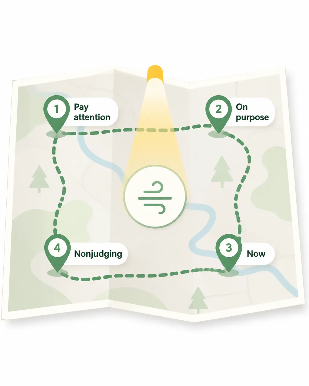 A tight, clean diagram of a simple paper map with four marked stops connected by one path: “Pay attention,” “On purpose,” “Now,” and “Nonjudging,” with a small attention spotlight landing on a breath icon at the center.