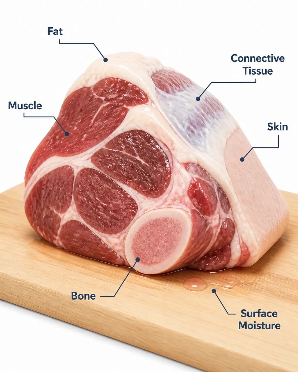 A tight educational close-up of a raw mixed meat cut on a cutting board, annotated like a simple map with short labels pointing to muscle, fat, connective tissue, bone, skin, and surface moisture; keep the background plain and leave out utensils or decorative food styling.
