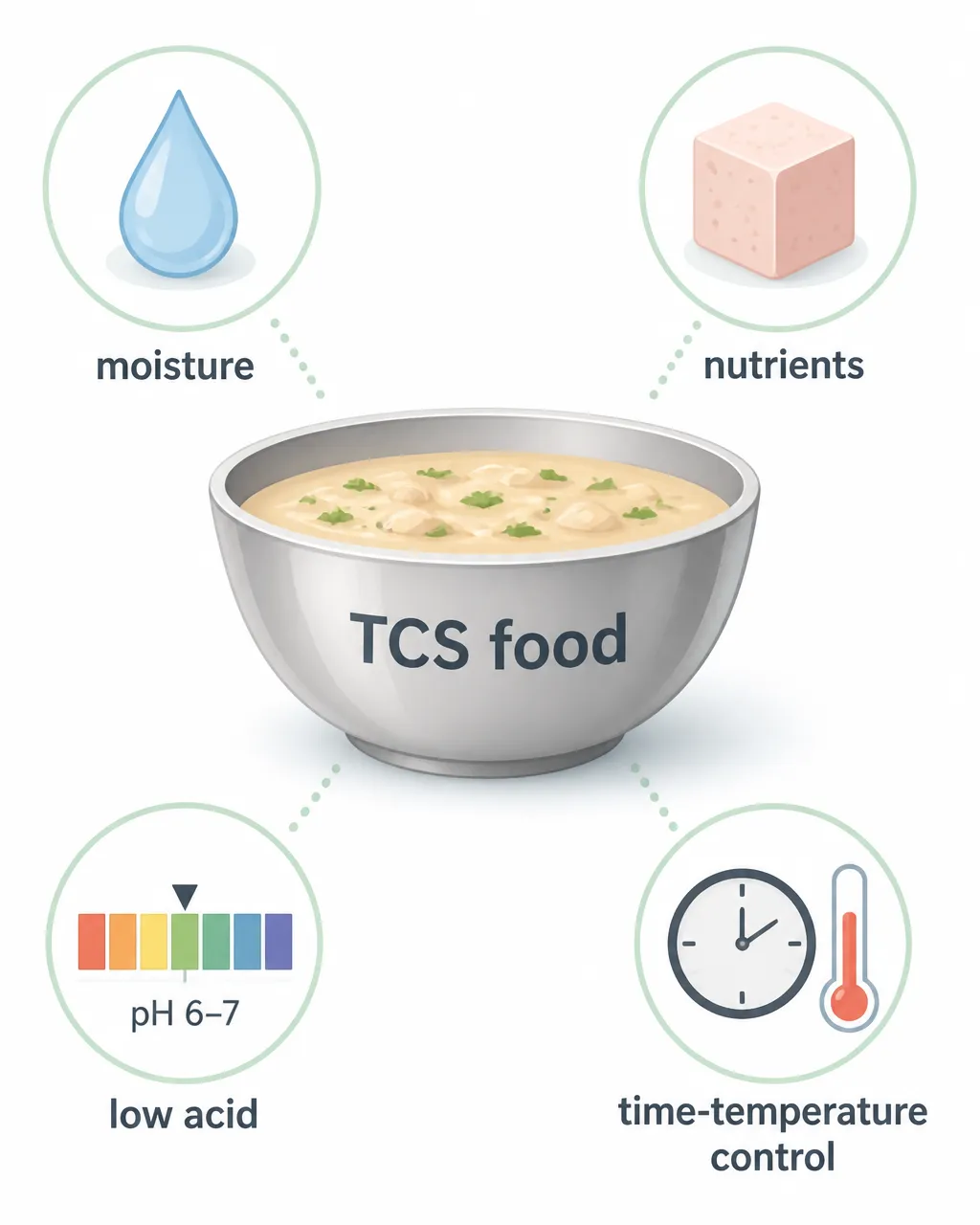 A tight educational diagram of a bowl labeled “TCS food” surrounded by four simple callouts: water droplet “moisture,” protein cube “nutrients,” pH strip near neutral “low acid,” and a clock plus thermometer “time-temperature control.”