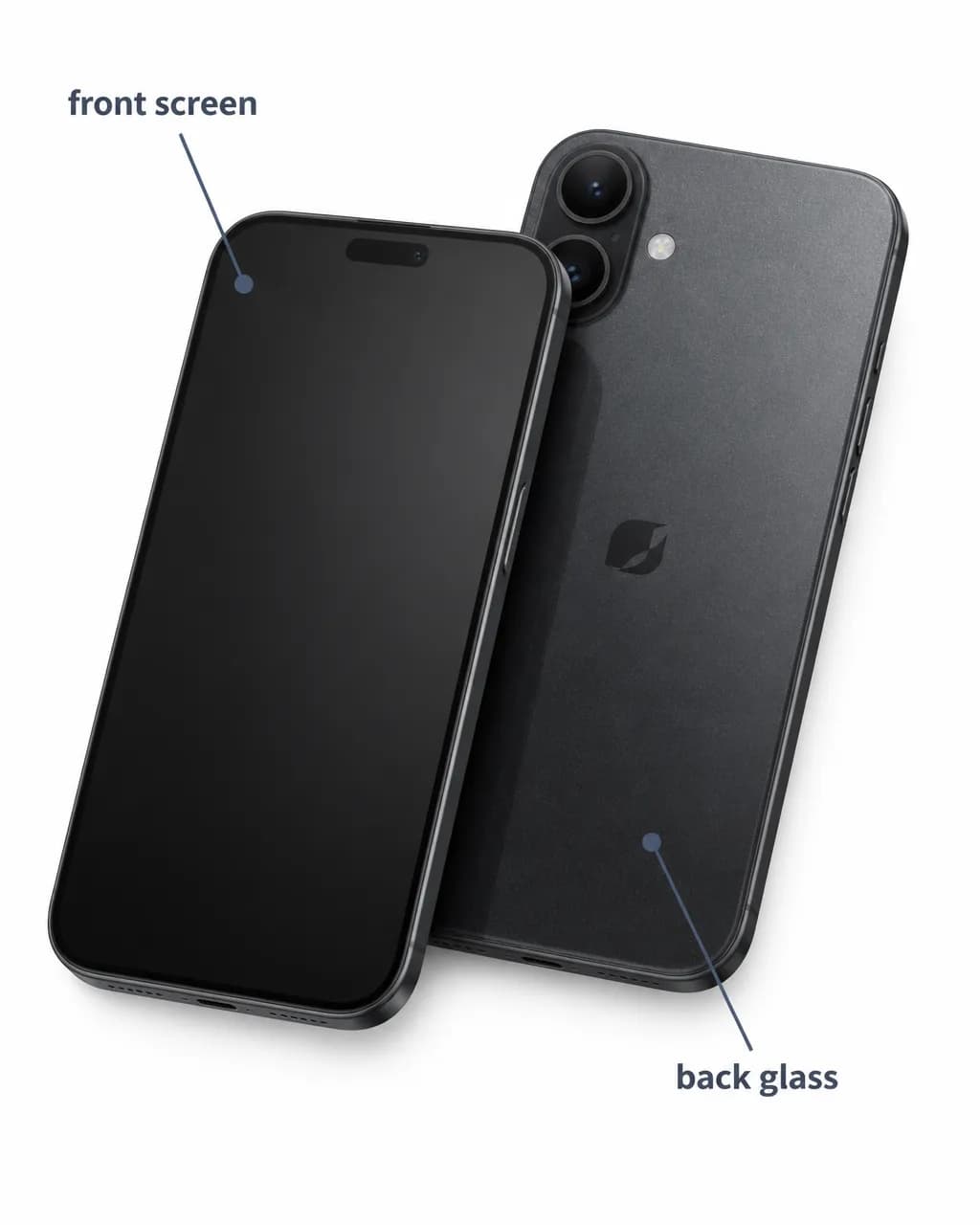 Clean instructional close-up of a smartphone shown as two overlapping sides: the front is a smooth black glass screen facing upward toward the viewer, and the back is slightly textured glass with a small centered generic logo mark; add short labels “front screen” and “back glass.”