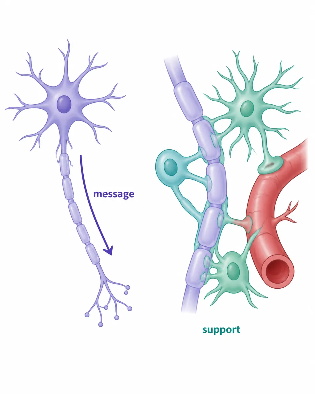 Create a simple side-by-side educational drawing: left, a neuron with a long axon carrying an arrow labeled “message”; right, glial cells clustered around an axon and capillary labeled “support”; keep only these cells and labels, no background.
