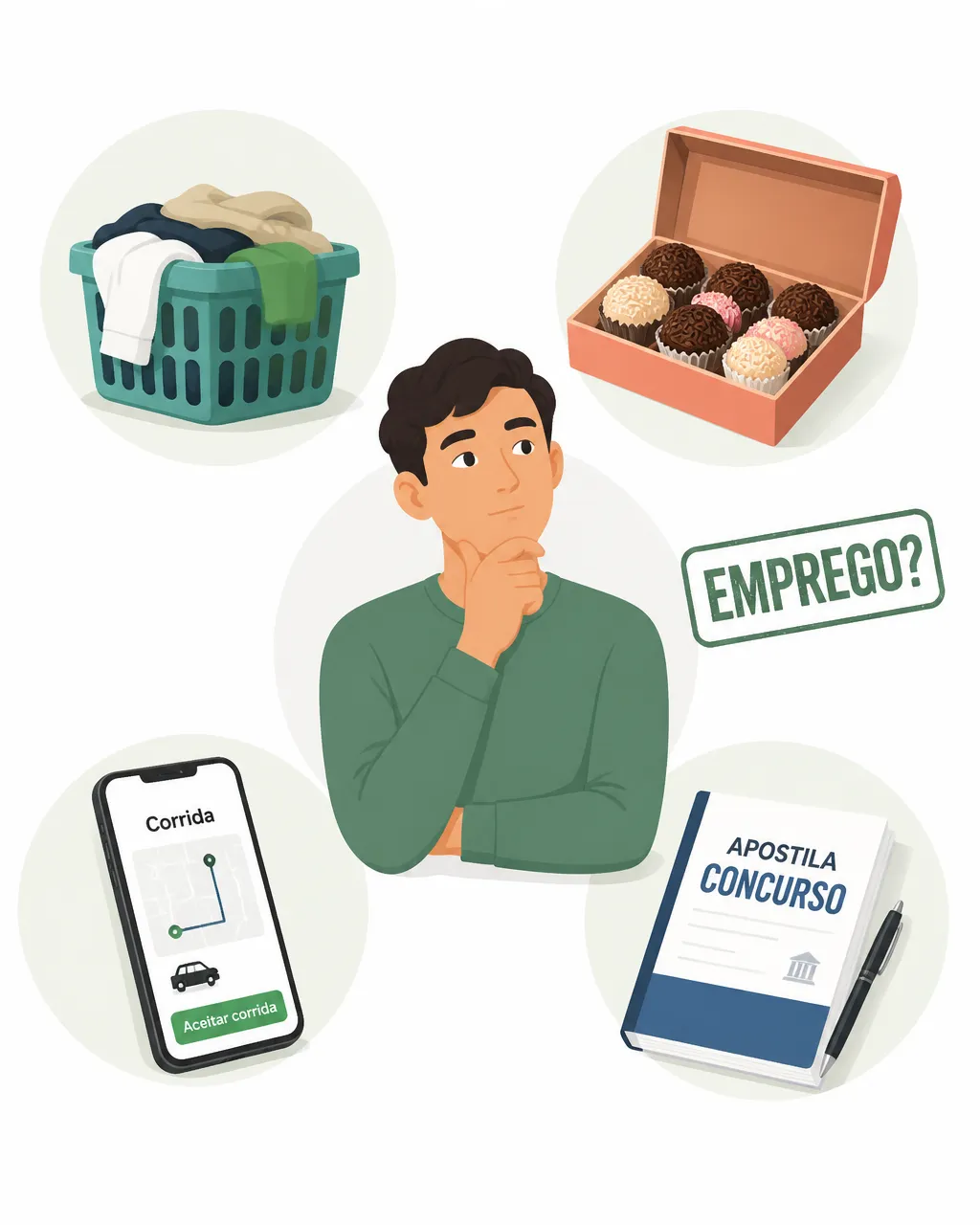 Ilustração de uma mesma pessoa no centro com quatro objetos ao redor: cesto de roupas, caixa de doces, celular com app de corrida e apostila de concurso; um pequeno carimbo “emprego?” aparece ao lado, sem marcar todos os objetos.