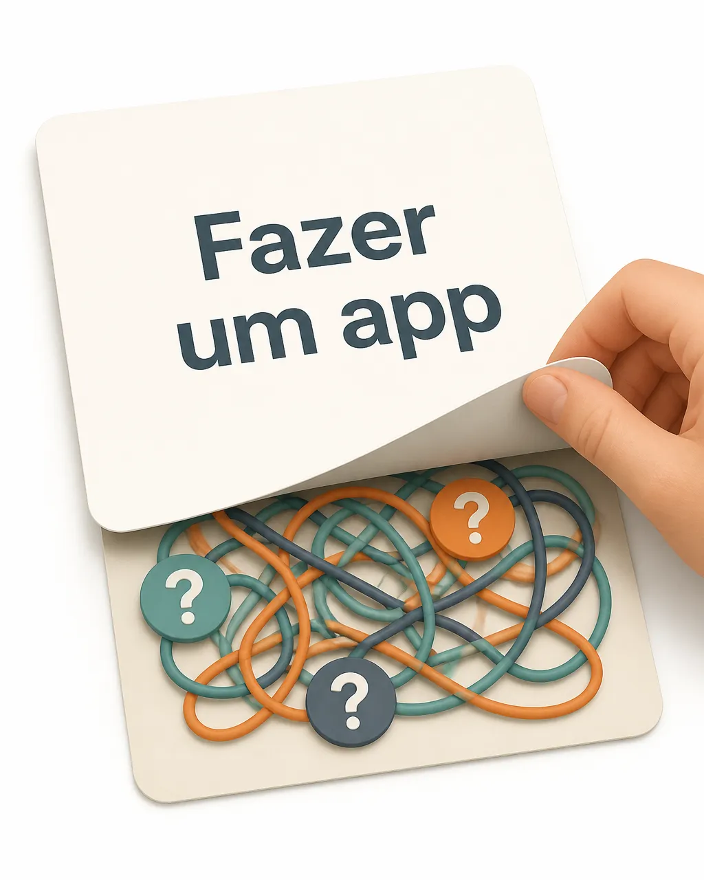 Ilustração didática em close-up de uma mesa: um cartão grande escrito “Fazer um app” está sendo levantado e revela por baixo um emaranhado de fios com pequenos pontos de interrogação, mostrando que o pedido pode esconder um problema ainda não entendido.