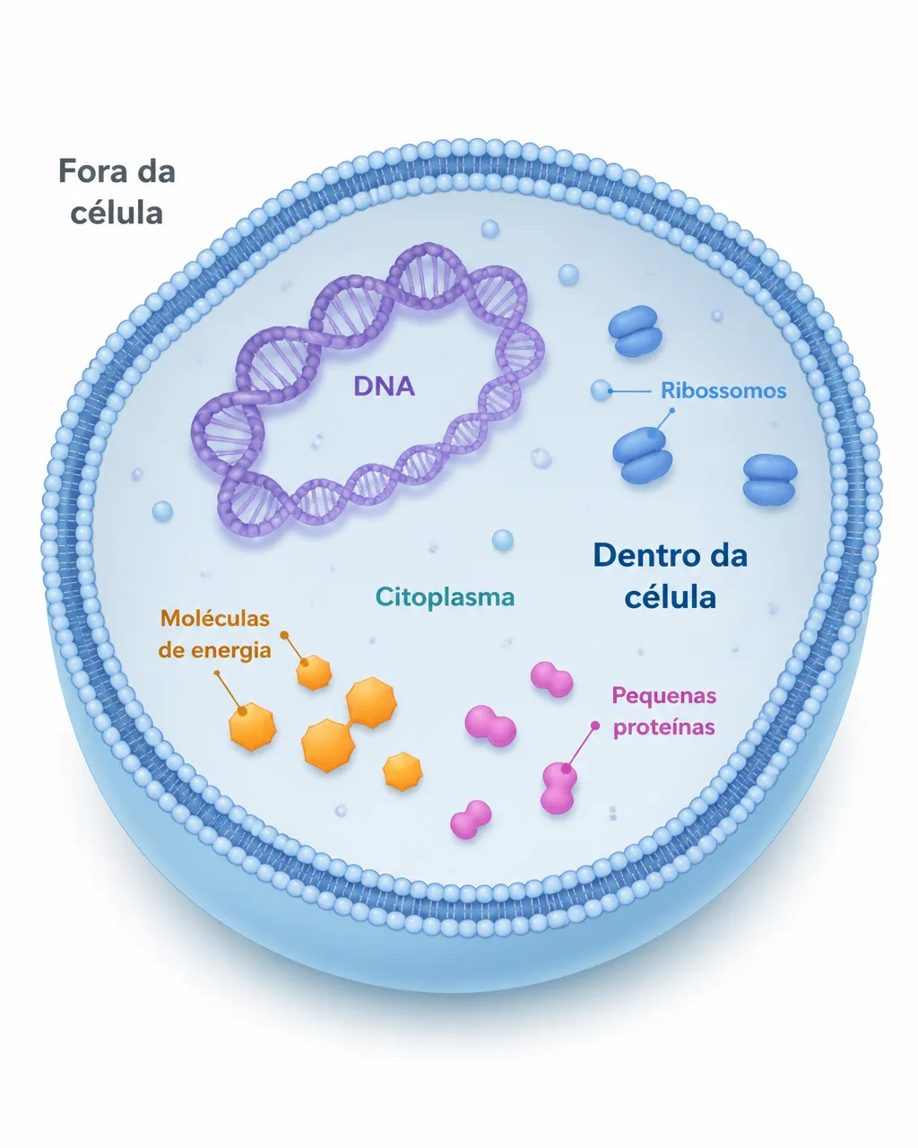 Ilustração didática em corte de uma única célula genérica: uma membrana fechada separa “fora” e “dentro”, com DNA, ribossomos, moléculas de energia e pequenas proteínas dentro do citoplasma; fundo simples e sem outros organismos.
