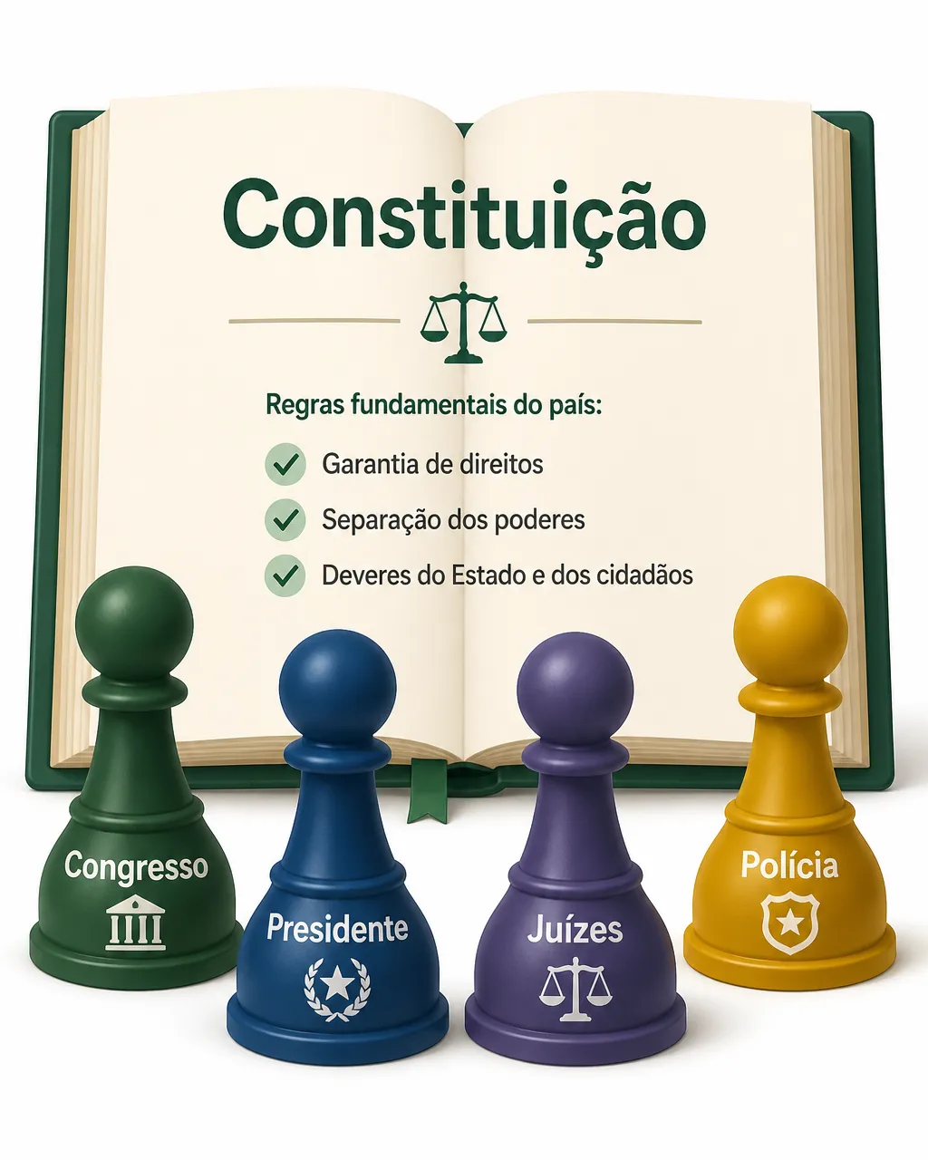 Ilustração educativa em close-up de um grande livro aberto no centro com o título “Constituição”, cercado por peças de jogo maiores rotuladas “Congresso”, “Presidente”, “Juízes” e “Polícia”, todas paradas diante das regras do livro; fundo simples, sem outros elementos.