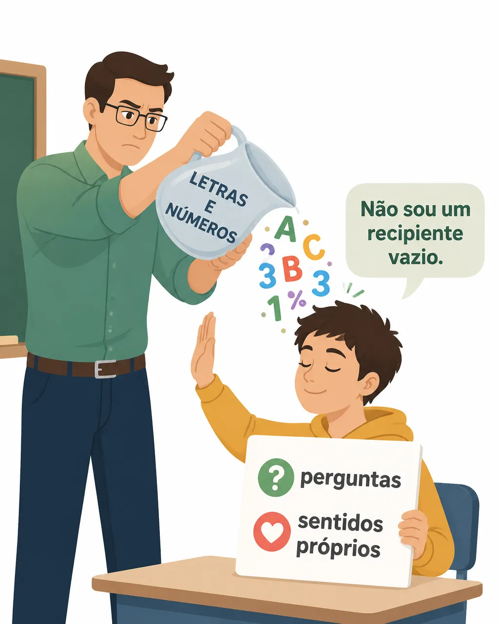 Ilustração simples em sala de aula mostrando um professor tentando despejar letras e números de um jarro sobre a cabeça de um estudante, enquanto o estudante segura uma placa com “perguntas” e “sentidos próprios”; destaque que a pessoa não é um recipiente vazio.